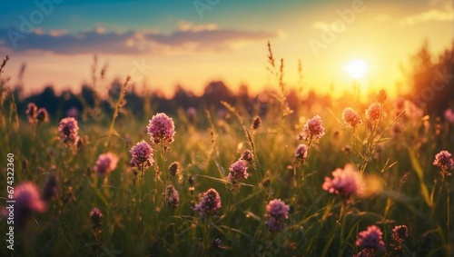 A peaceful meadow at sunset, with wildflowers glowing in golden light  © noah