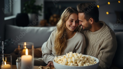 Woman and man couple are sitting on the cozy sofa with bowls of popcorn, getting ready to watch a movie together. Кomantic evening at home 