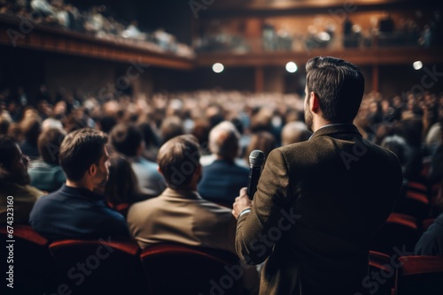 A man asks a question to a speaker during a question-and-answer session at a conference in a dark, crowded auditorium. A young professional expresses an opinion during a global business summit.