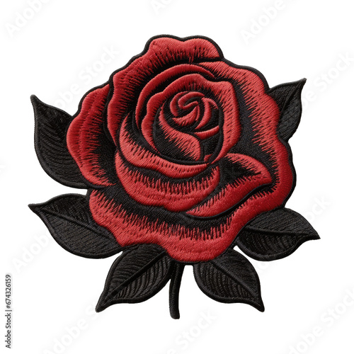 Black rose embroidery patch isolated on transparent background. Cute decoration for clothes and accessories photo