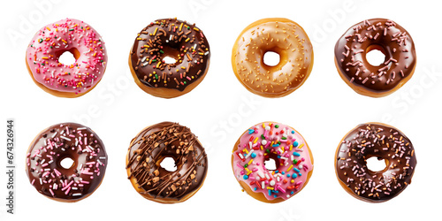 Collection of donuts isolated on a transparent background, cut out, top view photo