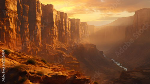 Breathtaking canyon bathed in golden sunlight, its towering walls etched with the intricate patterns of time. Ai Generated.NO.04