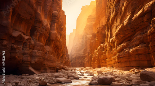 Breathtaking canyon bathed in golden sunlight, its towering walls etched with the intricate patterns of time. Ai Generated.NO.01