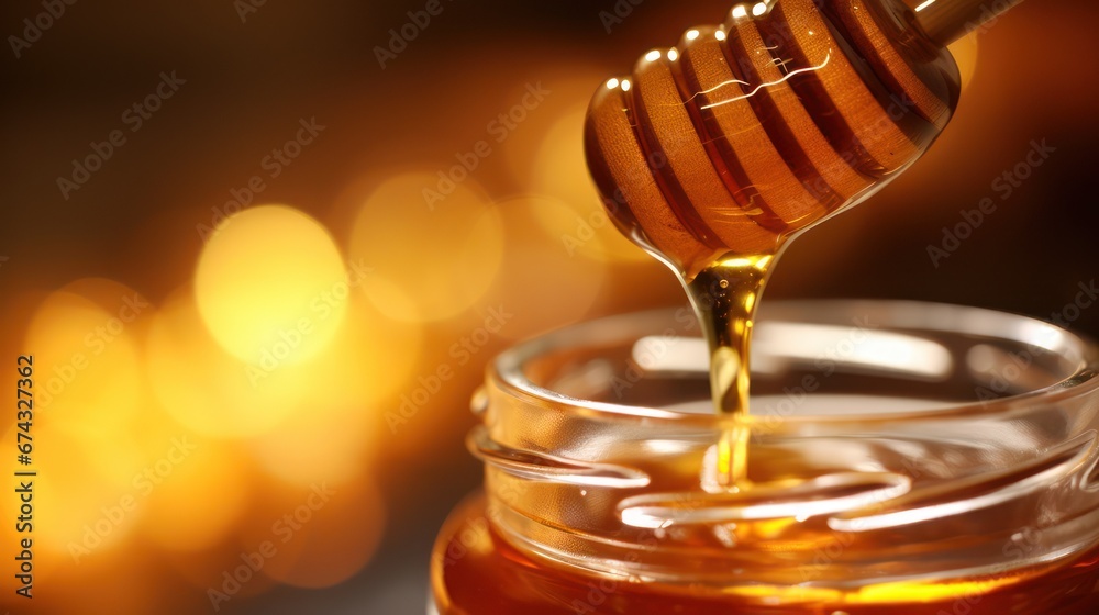 Honey dripper lifting from inside a glass jar close up view Honey dripper lifting from inside a glass jar close up view
