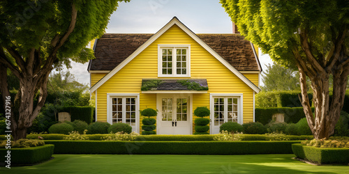  A yellow house in the garden "Idyllic Home Surrounded by Lush Garden 