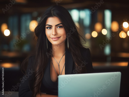 Young and successful corporate woman using laptop at office