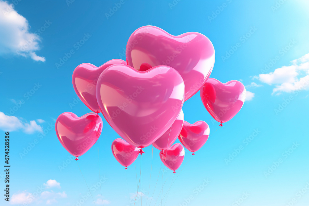 Many pink heart shaped balloons in a bright blue sky, Valentine’s day illustration, love concept, space for text 