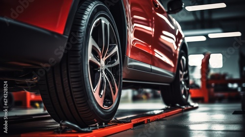 Close up view of car wheels, the vehicle is in the workshop for repair