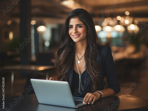 Young and successful corporate woman using laptop at office