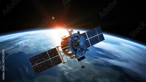 Future technology satellite flying orbiting earth in outer space