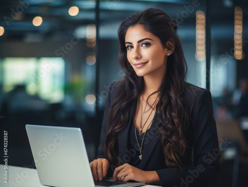 Young and successful corporate woman using laptop at office