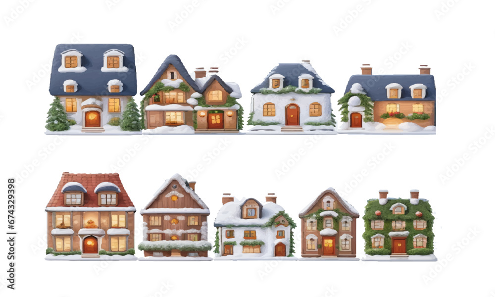 Set cute Christmas houses vector, European houses set, Created with AI