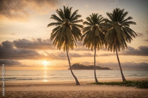 Big three palm tree with sunset beach landscape background