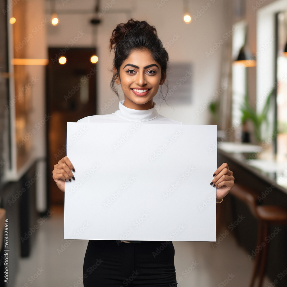 Young woman standing his salon and showing white board Young woman standing his salon and showing white board