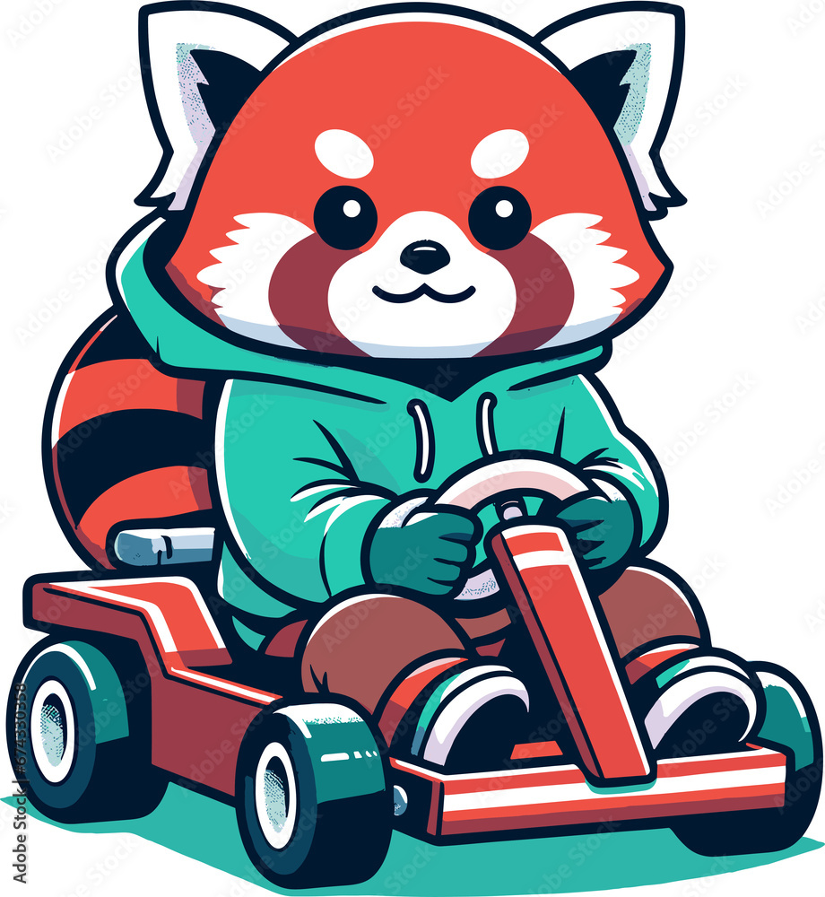 A red panda ride a go-kart A red panda ride a go-kart