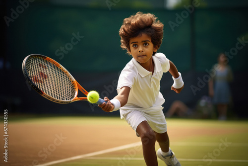 indian little boy playing tennis