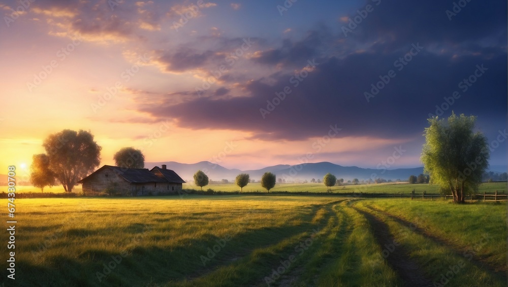 Tranquil Sunrise over Lush Green Farmland and Dramatic Sky
Tranquil Sunrise over Lush Green Farmland and Dramatic Sky