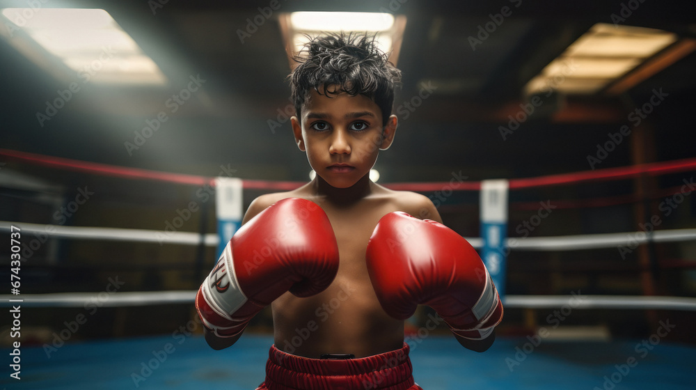 Little boy wearing boxing gloves standing in ring