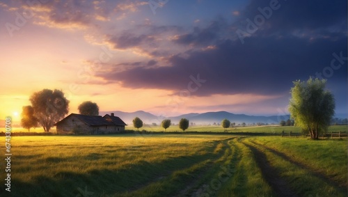 Tranquil Sunrise over Lush Green Farmland and Dramatic Sky 