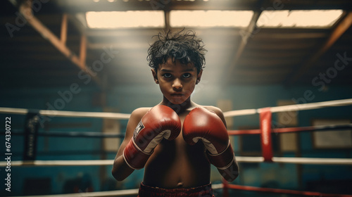 Little boy wearing boxing gloves standing in ring