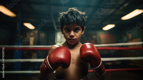 Little boy wearing boxing gloves standing in ring © PRASANNAPIX