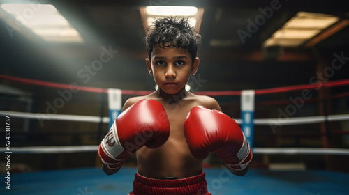 Little boy wearing boxing gloves standing in ring © PRASANNAPIX