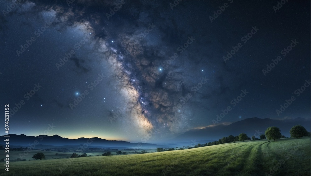A tranquil night sky with stars and a galaxy
