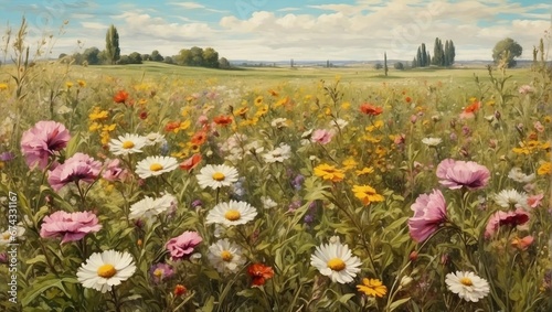 Vibrant flowering meadow under a cloudy sky 