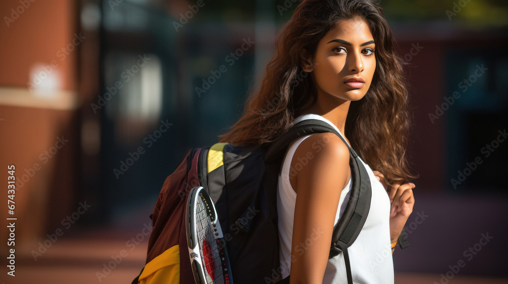 Young indian girl carrying tennis racket in backpack