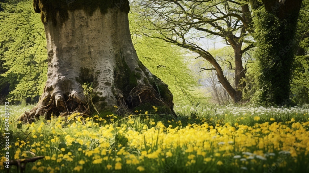 Fototapeta premium Large Tree Trunk Standing Tall in Spring Glory