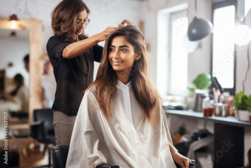 Professional female hair stylist making client hair