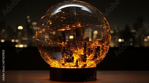 Luminous globe adorned with a web of amber threads uniting urban centers set against a pitch-black cosmos