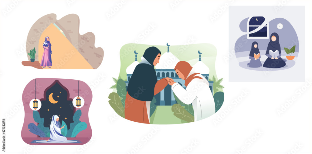 Fototapeta premium Hijab, Quran, reciting Quran, Ramadan, learning, reading, learning, praying, Muslim praying, Arab praying, mosques, Muslim prayer,