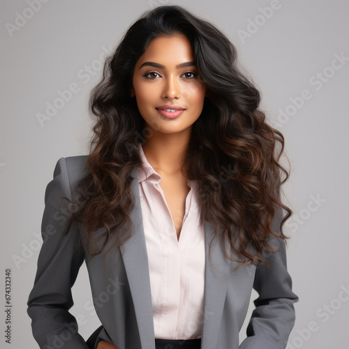 Successful businesswoman standing on white background.