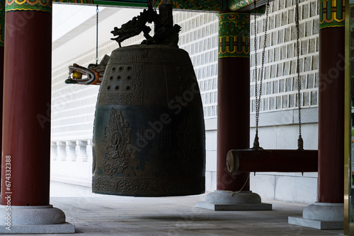 Bonsho hanging at the bell tower in the Buddhist temple of Korea photo