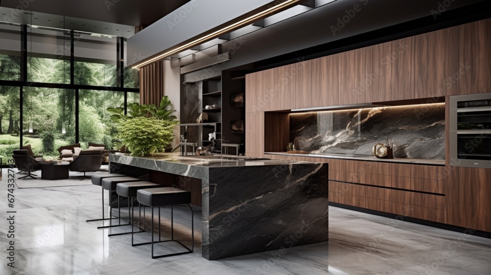 Obraz premium Modern Kitchen Featuring Stylish Wood-Looking Marble Floor in a House