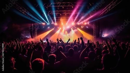 silhouette of concert crowd in front of bright stage lights. Dark background, smoke, concert spotlights © Summit Art Creations