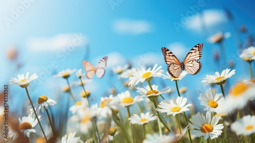 Chamomiles daisies macro in summer spring field on background blue sky with sunshine and a flying butterfly, nature panoramic view. Summer natural landscape with copy space.