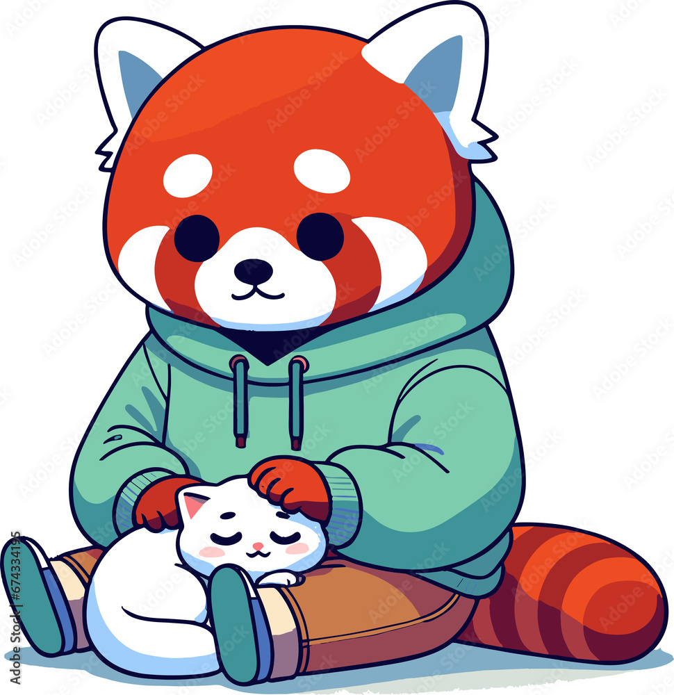 Red panda petting a cat Red panda petting a cat