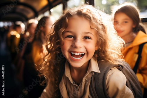 This elementary school girl beams with excitement as she prepares to board the school bus, her happiness lighting up the morning