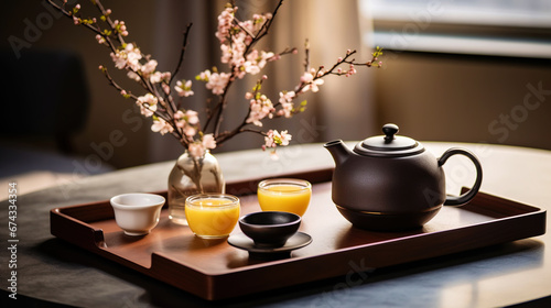 Tea ceremony  traditional teapot and ceramic cups on wooden tray on dark background with sakura blossoms. Generative AI