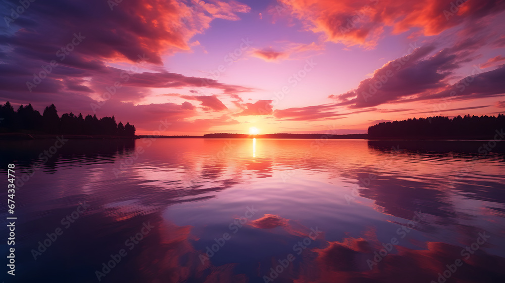 Serene sunset over a calm lake, where the sky is ablaze with hues of orange and purple, reflecting on the mirrored surface. Ai Generated.NO.01