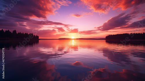 Serene sunset over a calm lake  where the sky is ablaze with hues of orange and purple  reflecting on the mirrored surface. Ai Generated.NO.01