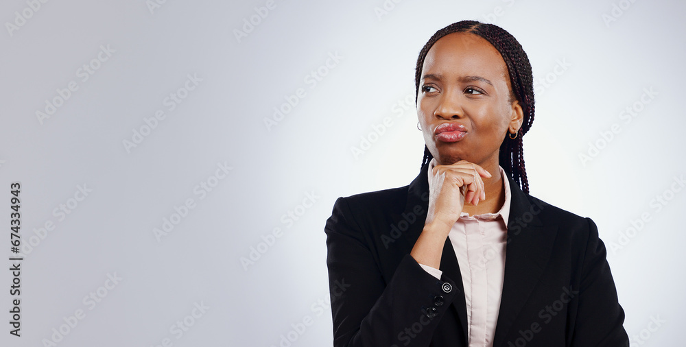 Business woman, thinking and confused for solution, decision and planning in studio mockup or marketing banner. African worker search for inspiration, doubt and problem solving on a white background Business woman, thinking and confused for solution, decision and planning in studio mockup or marketing banner. African worker search for inspiration, doubt and problem solving on a white background