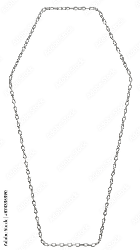 A three-dimensional representation showcasing metal chains intricately shaping into a coffin form,  isolated on transparent background, PNG format.