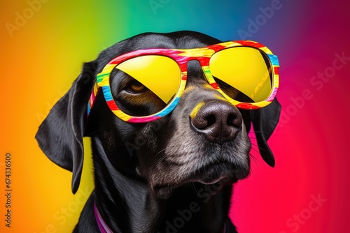 Funky Canine Fashion: Trendy Black Dog in Colorful Sunglasses on Vibrant Rainbow Background - Perfect for Pet Products and Lifestyle Campaigns