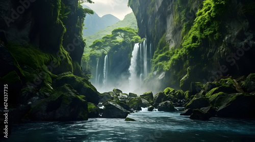 Majestic waterfall hidden deep within a lush canyon  its cascading waters creating a symphony of sound and mist. Ai Generated.NO.01
