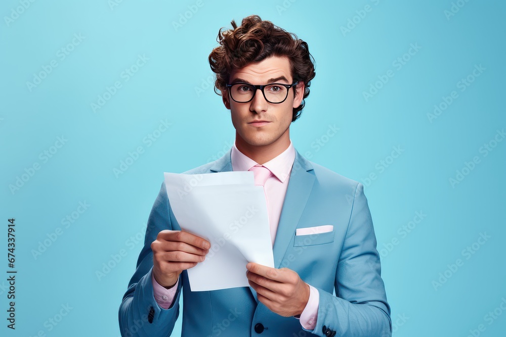 Portrait of handsome man holding sheet of white paper, Young businessman with document paper report on bright colors studio background Portrait of handsome man holding sheet of white paper, Young businessman with document paper report on bright colors studio background
