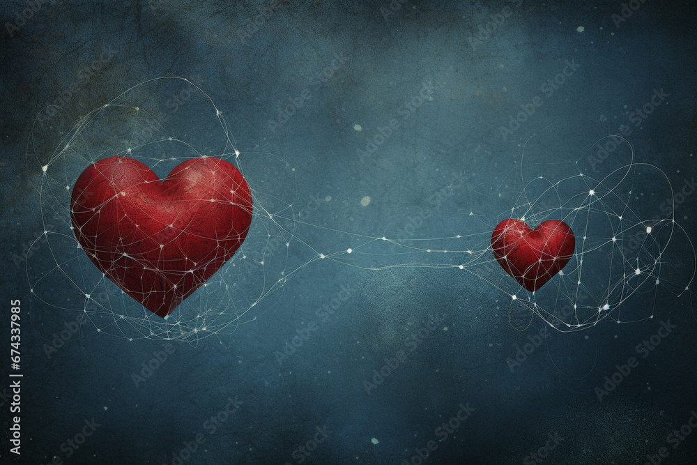 Love, care, family, Valentine Day concept. Abstract heart shape red symbol connected with wires illustration. Blue grunge background with copy space
