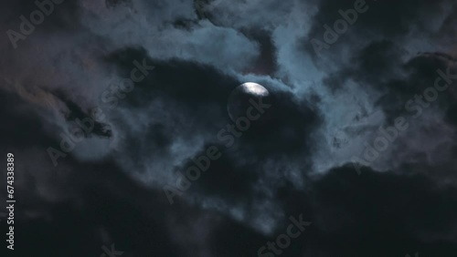 Changes of cloud cover on the background of full moon. Time lapse of an atmospheric, mystical full moon on a cold autumn night photo